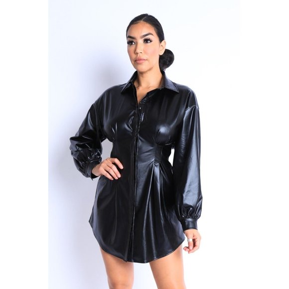 Women's PU Faux Leather Tuck Long Sleeves Button Down Mini Shirt Dress Top S M L - Picture 2 of 8